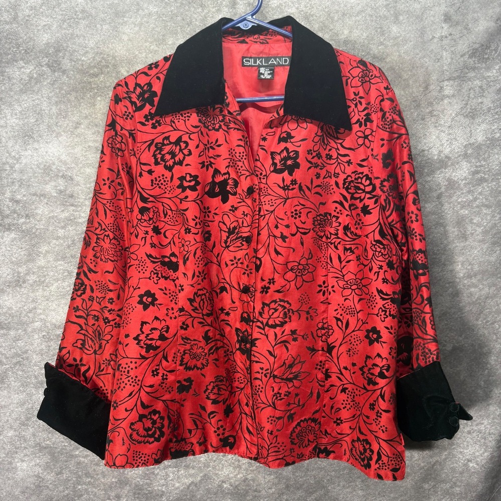 VTG Silkland Red Black Floral Flocked Velvet Silk Jacket Size XL Victorian